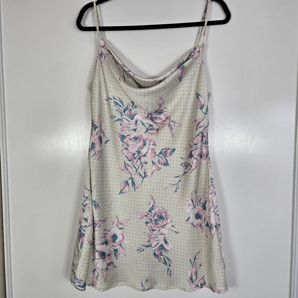Lulu’s How to Be a Heartbreaker Cream Multi Print Satin‎ Slip Mini Dress Medium
